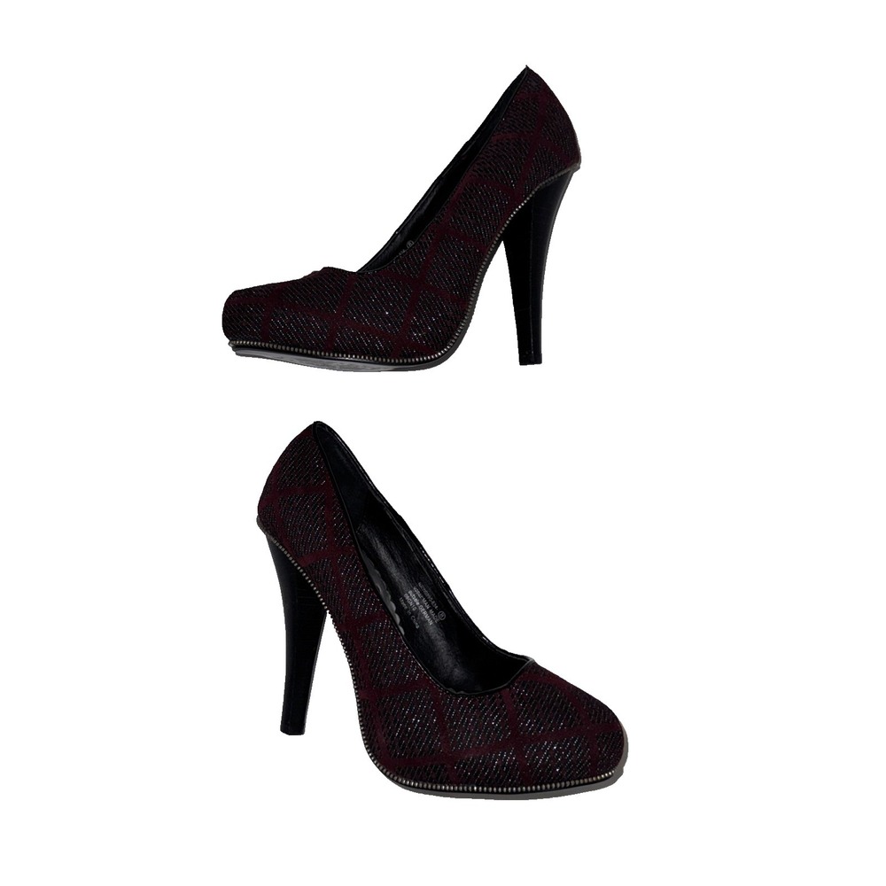 Not Rated Womens Red & Black Plaid Fabric " Heels Zipper metal trim Heels 8 goth
